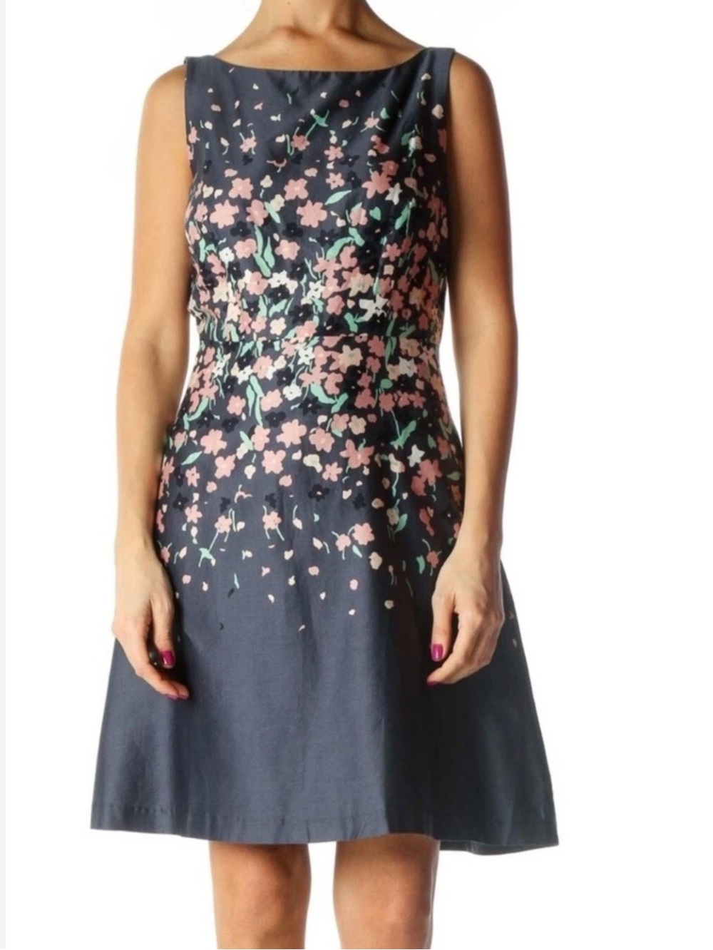 Loft Women Dress Size 12P Navy Blue Sleeveless Knee Length A Line Cotton Casual